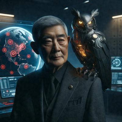 The primary subject of the image is a man wearing a suit and tie, standing in front of a computer screen. The setting is an office environment, with a desk and a computer visible in the background. The visual style is a digital art, as the man and the bird are depicted in a stylized manner. The colors and mood of the image are dark and moody, with the man and the bird being the main focus of the scene.